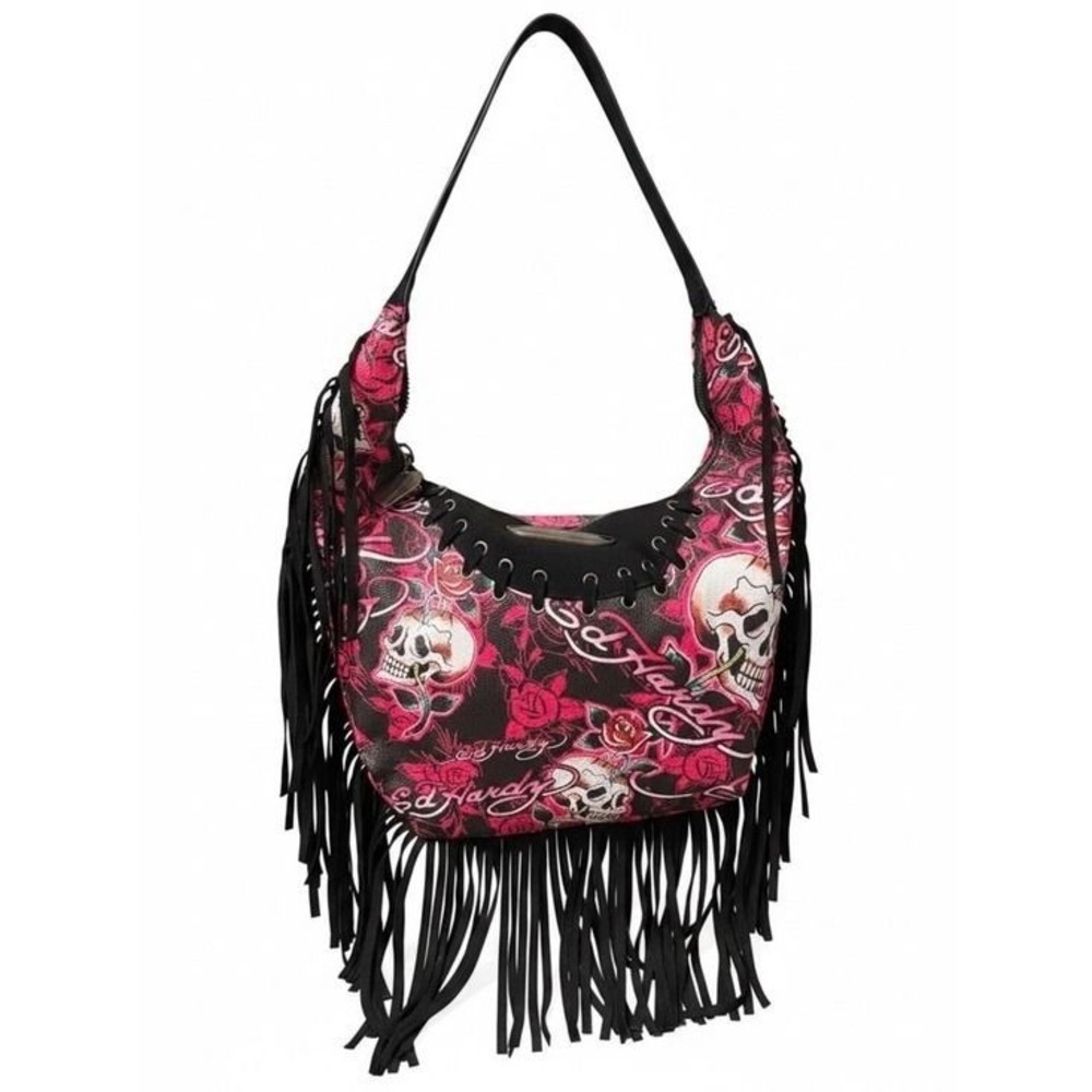 Ed Hardy Hobo Bag Women Pink Black Fringe Skulls Roses Y2K Tattoo Goth Punk Boho
